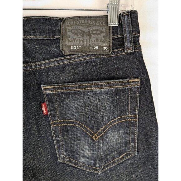 Levis 511 Slim Fit Dark Blue Rinse Denim Mens 29x30 Straight Leg  Jeans Distress - Picture 10 of 11